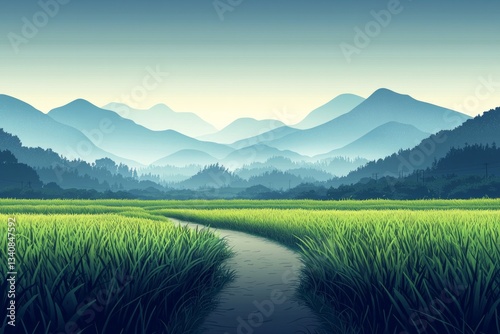 In the distance, there is an endless rice field with green paddy fields and mountains in the background, in digital art style