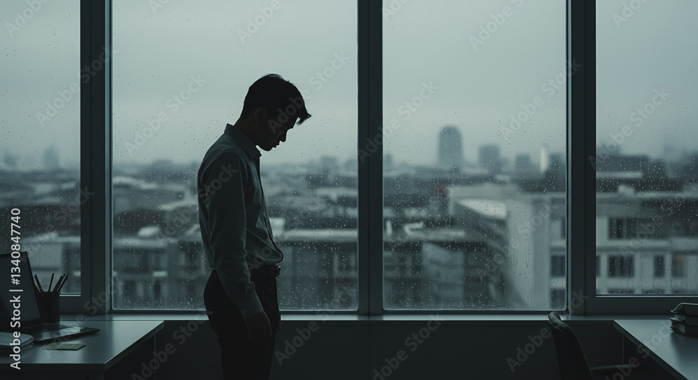 Fototapeta premium Contemplative Corporate Scene: Introspection Amid the Urban Rain