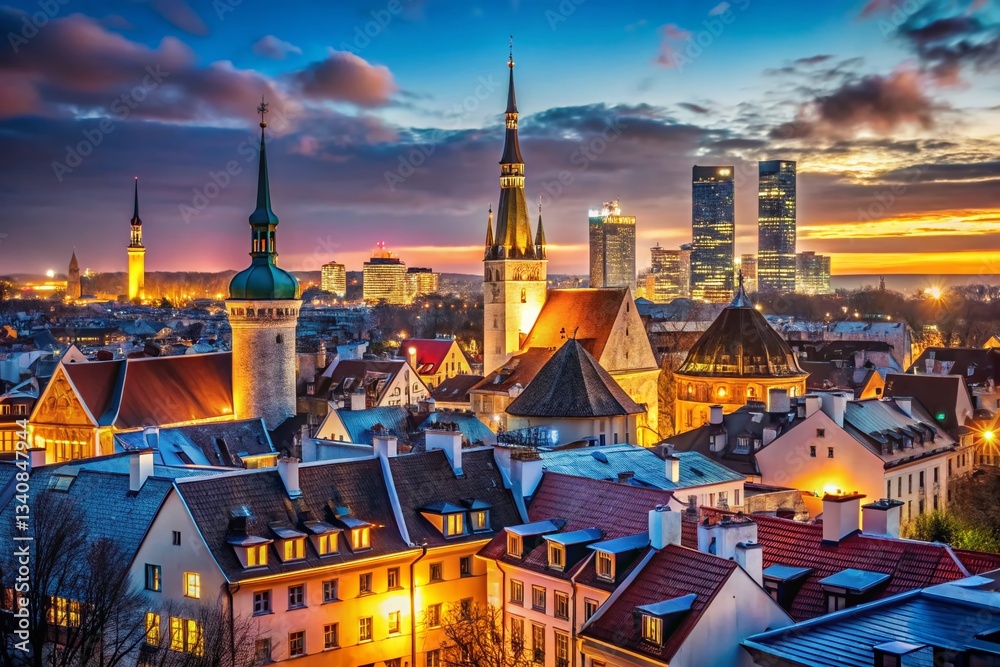 Obraz premium Tallinn Night Panorama: Illuminated Modern Buildings with Bokeh Effect