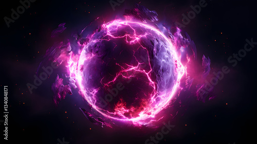 Vibrant purple ball surrounded by lightning effects depicting planetary motion in colorful animations showcasing cosmic energy and movement.