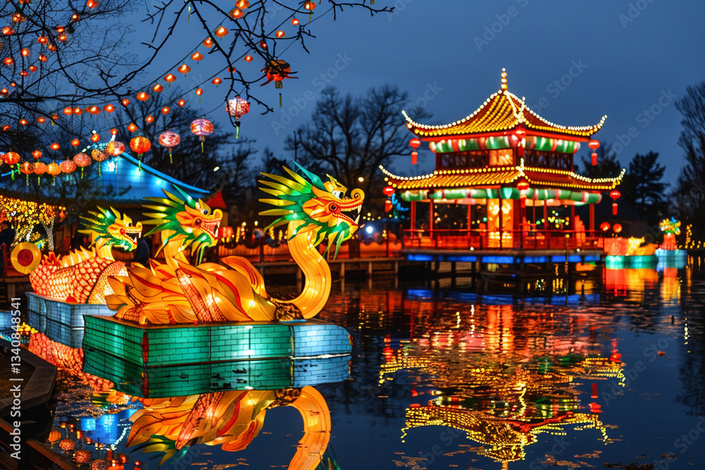 Fototapeta premium Beautiful holiday composition for happy celebrate chinese festival of lanterns, abstract vivid composition consists of fictional unreal fantastic vision on background