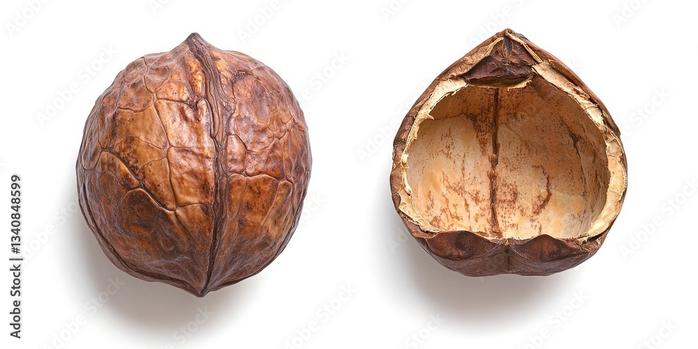 Two halves of a nut, one of which is open Two halves of a nut, one of which is open