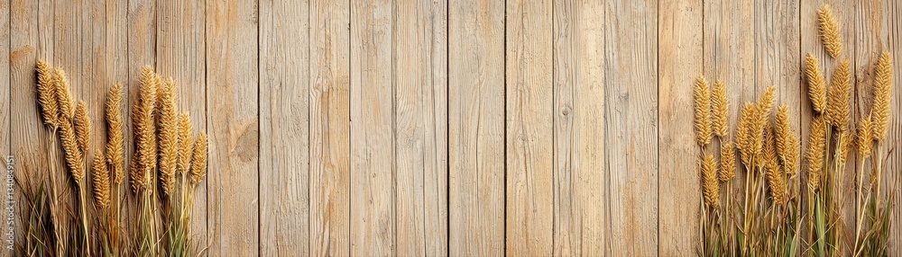 Naklejka premium Dried Wheat Stalks Symmetrically Arranged on a Rustic Wooden Background Showcasing Natural Textures and Earthy Tones for Agricultural Themes and Crafts