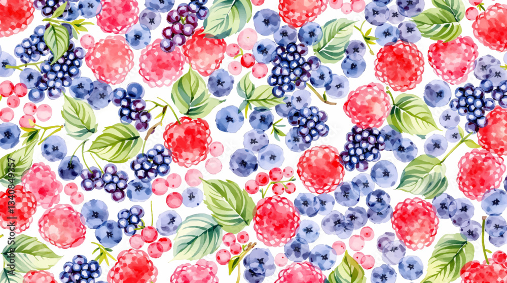Seamless pattern of red, blue and purple berries on white background