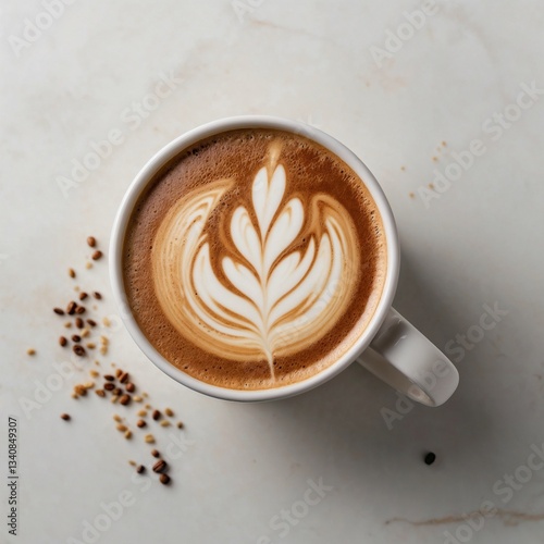 An overhead shot of a meticulously crafted latte in a modern ceramic cup, showcasing delicate latte art against a pristine white backdrop.