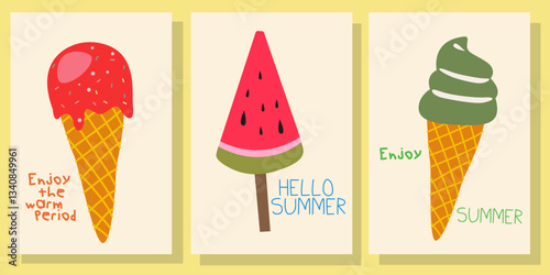 Hello summer. Coconut, ice cream, pineapple, modern text. Abstract vector illustration. Background for posters, wall art, flyer, banner, greeting card