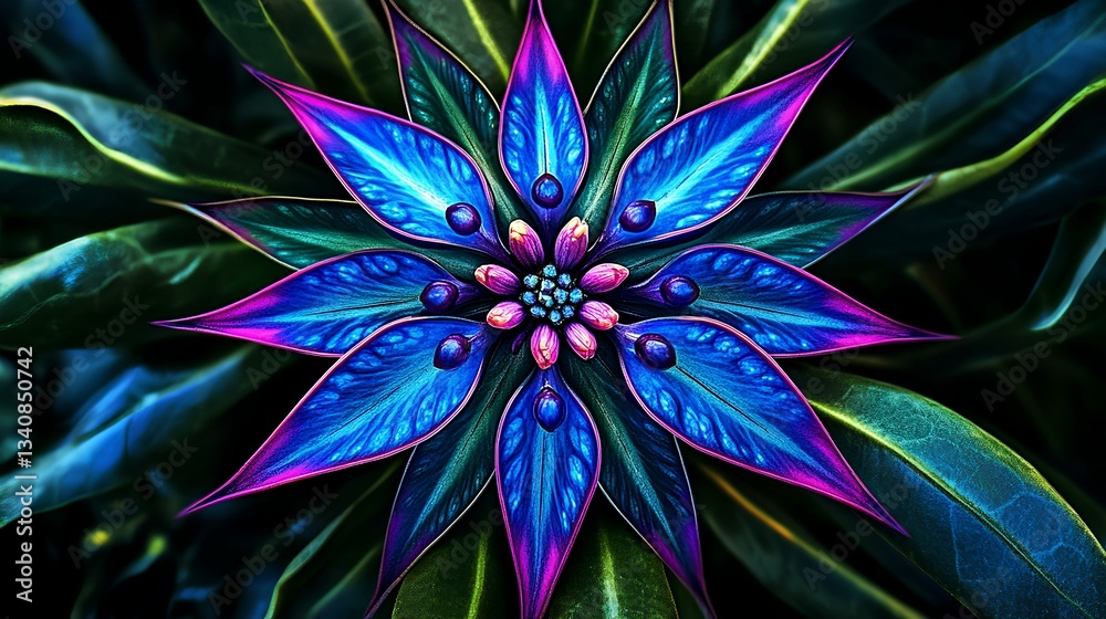 A star-shaped flower with blue and purple petals growing on green leaves
