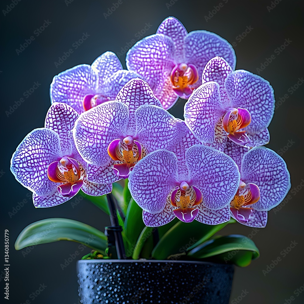 A purple Phalaenopsis orchid in a black pot, against a dark gray background