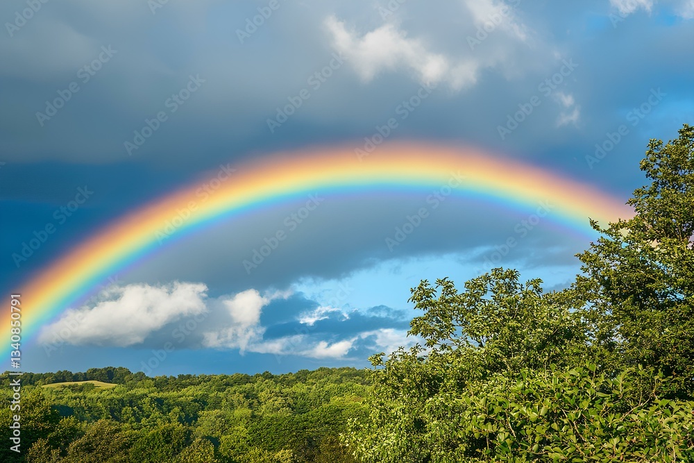 vibrant rainbow appearing after a light spring rain, adding magic to the season