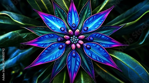 Obraz na płótnie A star-shaped flower with blue and purple petals growing on green leaves w salonie