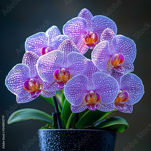 Obraz na płótnie A purple Phalaenopsis orchid in a black pot, against a dark gray background w salonie