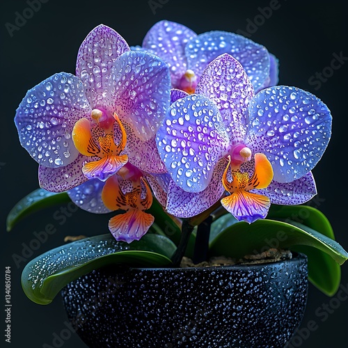 Obraz na płótnie A purple Phalaenopsis orchid in a black pot, against a dark gray background w salonie
