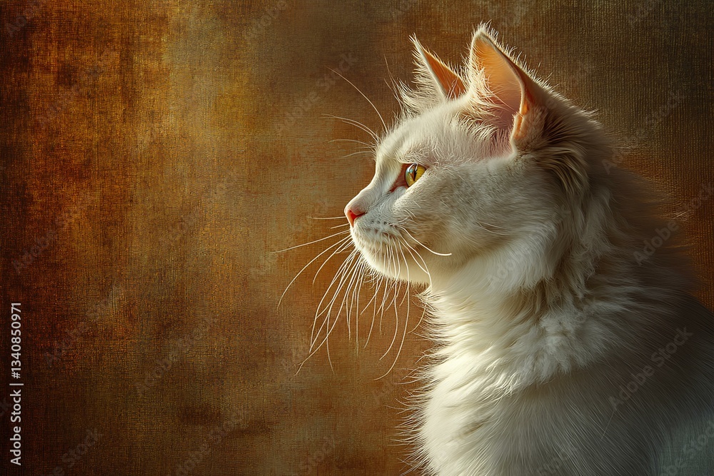 fluffy white cat, brown patches, delicate whiskers, against a warm brown backdro