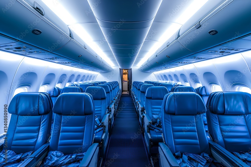 luxurious airplane cabin with comfortable blue seats; empty, ready for a comfortable flight