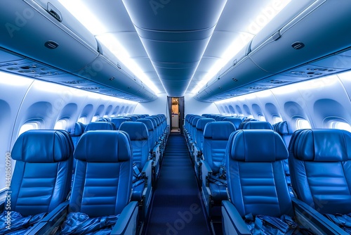 Obraz na płótnie luxurious airplane cabin with comfortable blue seats; empty, ready for a comfortable flight w salonie