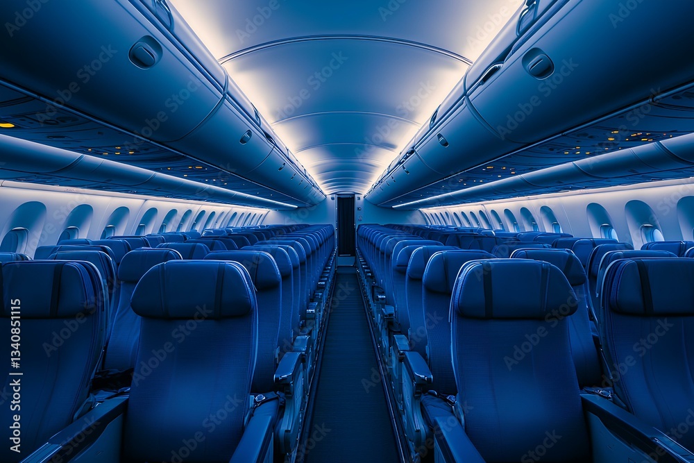 luxurious airplane cabin with comfortable blue seats; empty, ready for a comfortable flight