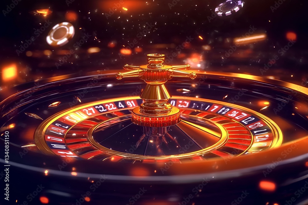 The game screen features a golden gradient background, flames, small roulette wheels on the cracked flames, and poker chips dancing. Crystal lamp, roulette wheel with many colors