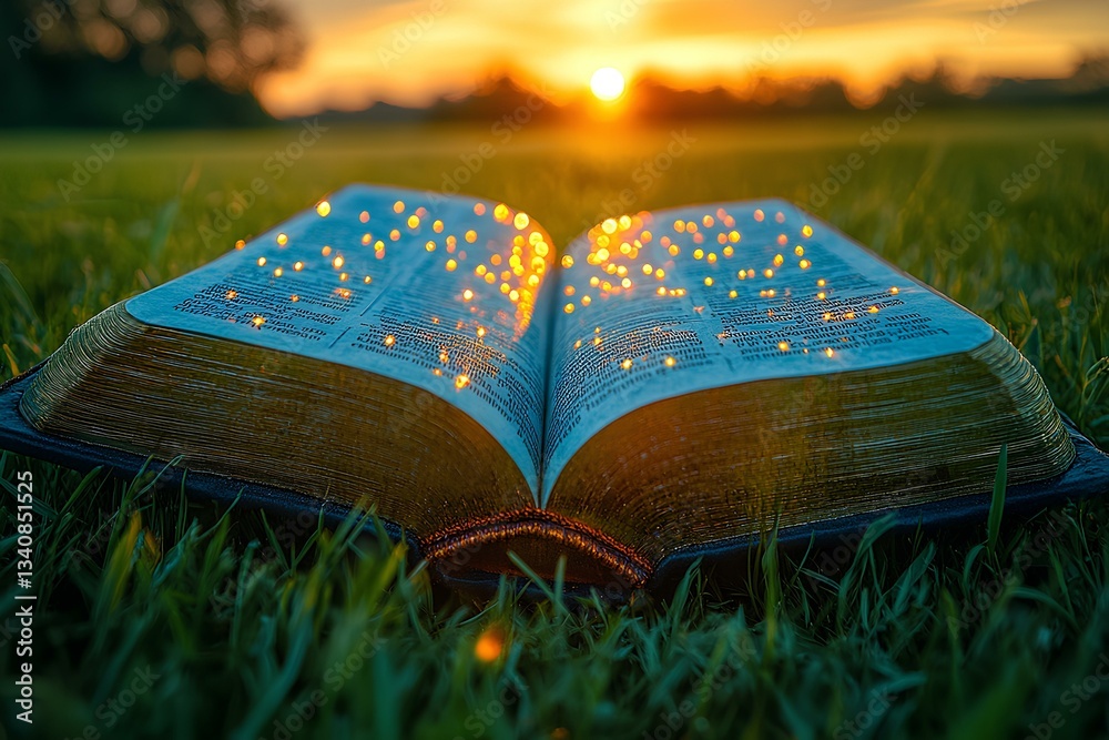 A cross-shaped Bible is open on the grass, with green wheat fields and a sunset in the background