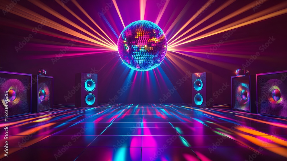colorful disco ball and colorful speakers on dancefloor lit up with rays of colored light