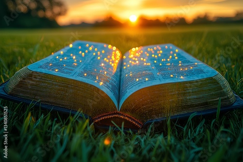 Obraz na płótnie A cross-shaped Bible is open on the grass, with green wheat fields and a sunset in the background w salonie