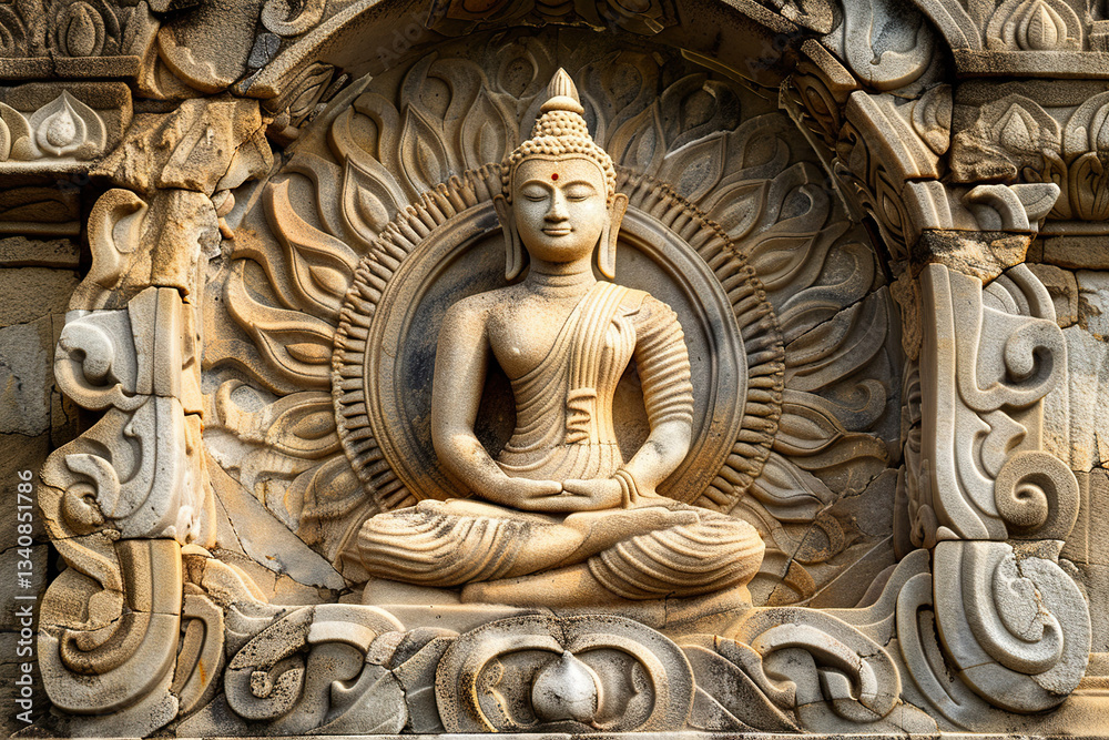 Ancient statue great Buddha on bright holiday composition, abstract vivid composition consists of fictional unreal fantastic vision on background Ancient statue great Buddha on bright holiday composition, abstract vivid composition consists of fictional unreal fantastic vision on background
