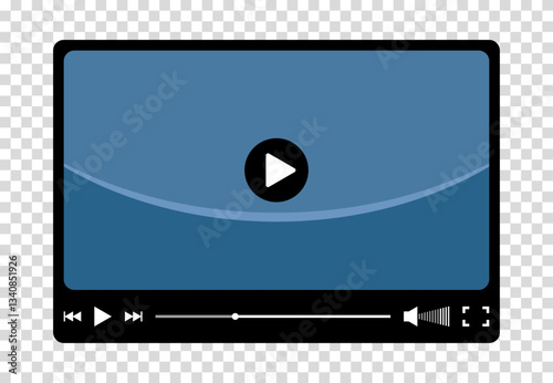 Multimedia video player for web and mobile apps. Chat video frame in flat style. Play video window with navigation icons, play button icon. Vector illustration on a transparent background.
