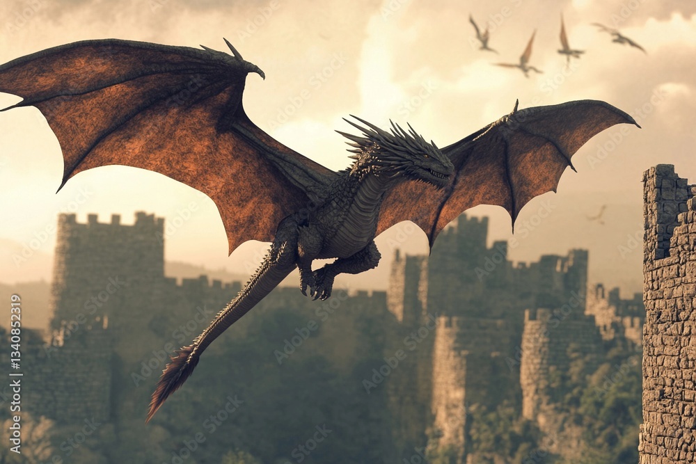 Obraz premium Majestic dragon soaring above ancient castle ruins under an overcast sky