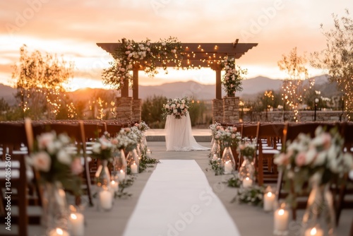 A picturesque outdoor wedding setting, with the bouquet catch happening under a pergola adorned with fairy lights