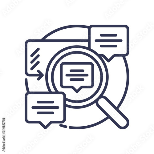 Magnifying glass and speech bubbles symbolize analyzing conversational accuracy.