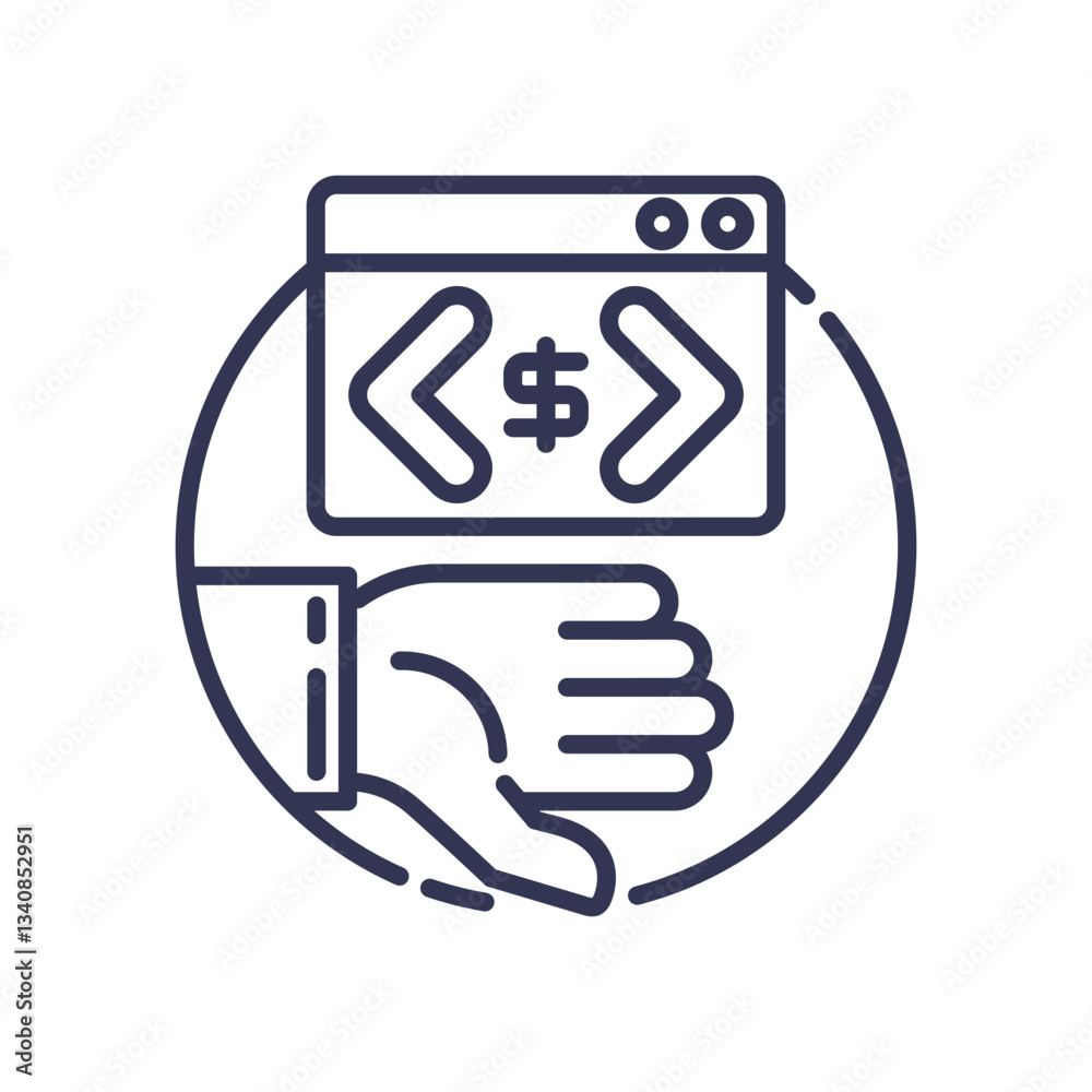 Hand supporting code window with dollar sign, symbolizing monetizing development skills. Hand supporting code window with dollar sign, symbolizing monetizing development skills.