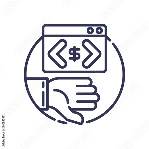Hand supporting code window with dollar sign, symbolizing monetizing development skills.