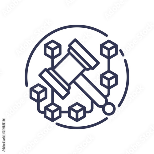Gavel and blockchain cubes symbolize legal enforcement in digital code.
