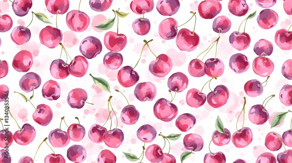 Watercolor red cherries on white background seamless vector pattern