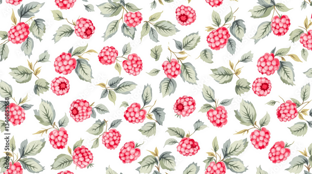 Watercolor pattern featuring raspberries white background