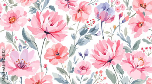 Watercolor floral seamless pattern with hand-painted blush pink flowers and green leaves on white background. Botanical print.