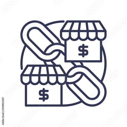 Linked stores with dollar signs symbolize franchise connections and financial growth.