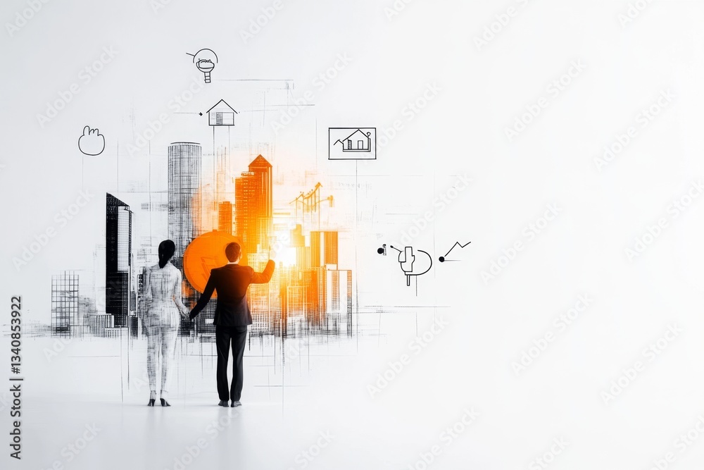 A playful depiction of a realtor handing keys to a couple, surrounded by abstract icons of houses and maps, drawn in bold lines on a white background A playful depiction of a realtor handing keys to a couple, surrounded by abstract icons of houses and maps, drawn in bold lines on a white background