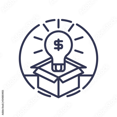 Lightbulb with dollar sign emerging from box symbolizes profitable innovation.