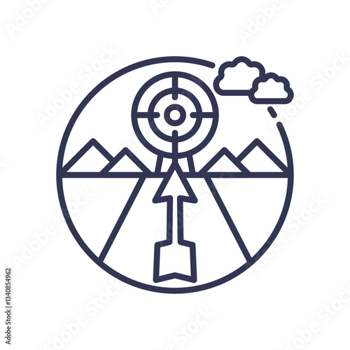 Arrow targets a bullseye over mountains, symbolizing goal achievement and strategic planning.