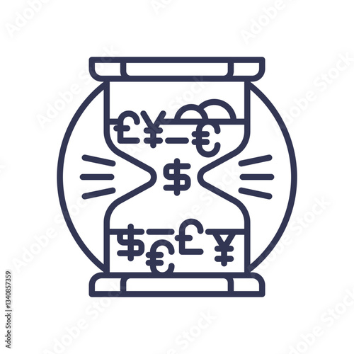 An hourglass with currency symbols represents the concept of time and value in finance.