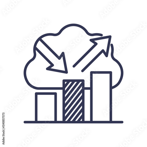 Graph with arrows in cloud symbolizes uncertain forecasts and market volatility.