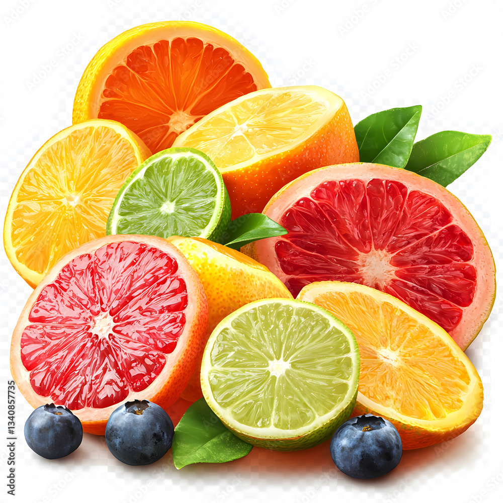 Fototapeta premium A vibrant array of halved citrus fruits including oranges grapefruit and limes complemented by a scattering of blueberries.