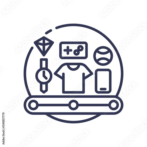 Icons of diverse products on a conveyor belt symbolize variety and availability.