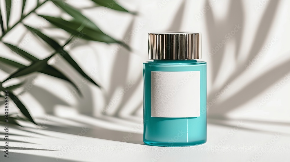 custom made wallpaper toronto digitalA vibrant blue glass bottle against soft shadows, highlighting a minimalistic design with a textured silver cap.