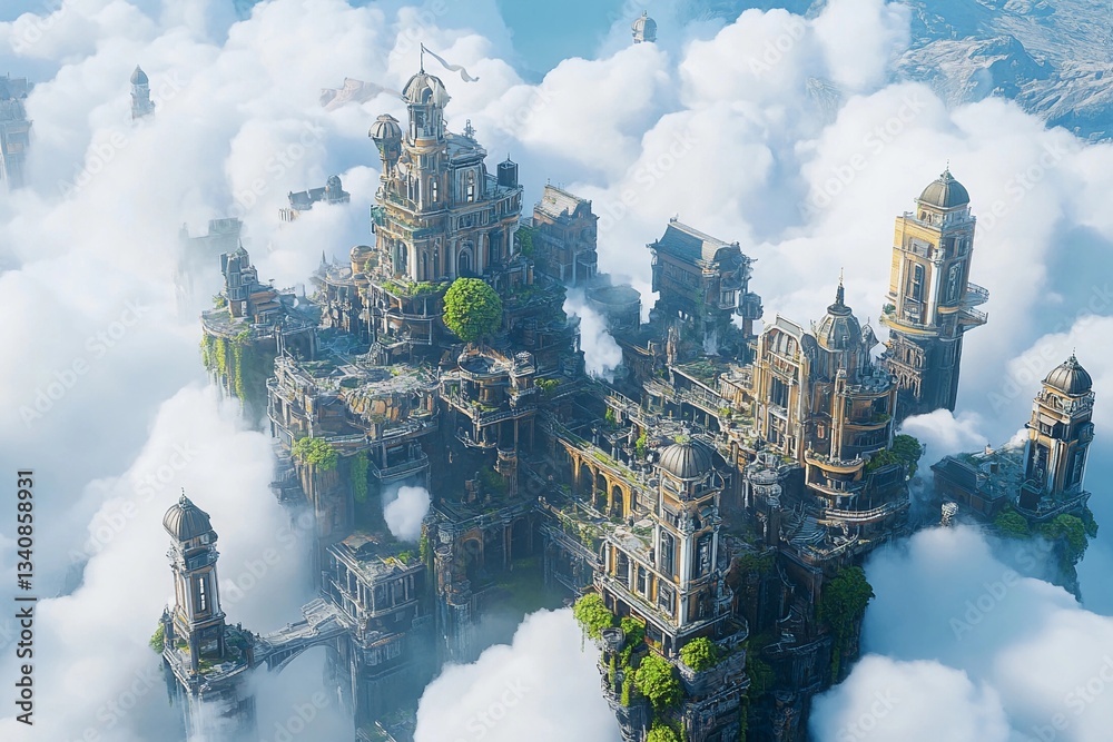 Fototapeta premium City of clouds with towering skyscrapers and serene blue sky at sunset