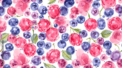 Seamless pattern of red, blue and purple berries on white background