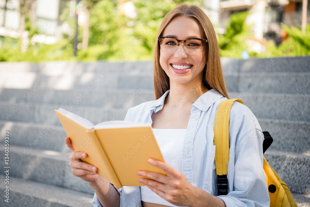 Young woman enjoying a sunny day, reading outdoors on urban steps Young woman enjoying a sunny day, reading outdoors on urban steps