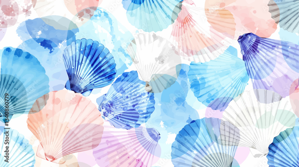 Seamless watercolor pattern of hand drawn nautilus shells and smooth sea pebbles on a white background, Watercolor pattern shells on white background	