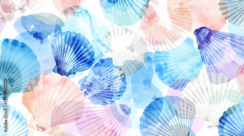 Seamless watercolor pattern of hand drawn nautilus shells and smooth sea pebbles on a white background, Watercolor pattern shells on white background	
