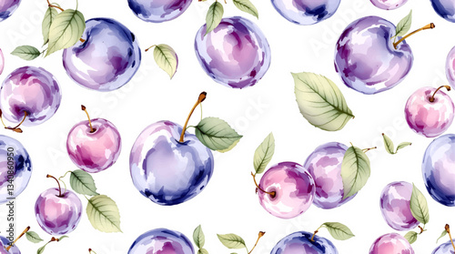 Watercolor pattern plums on white background